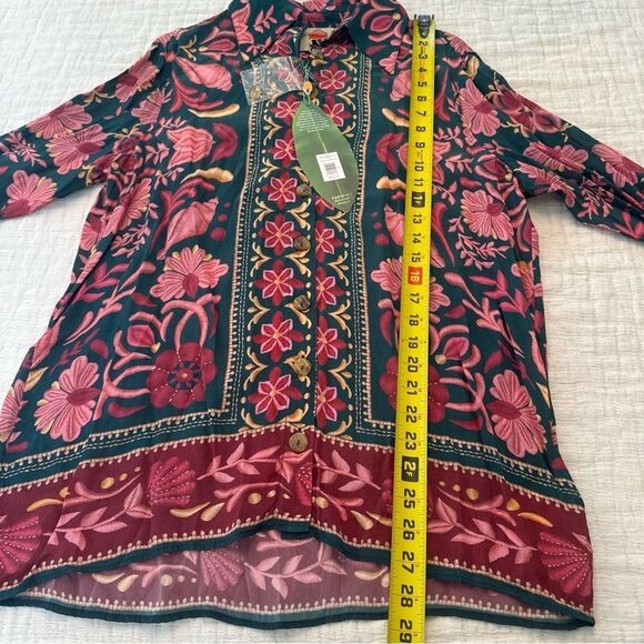 Farm Rio Seashell Tapestry Teal Buttoned Shirt-Blouse Size Medium New With Tags - Picture 8 of 13